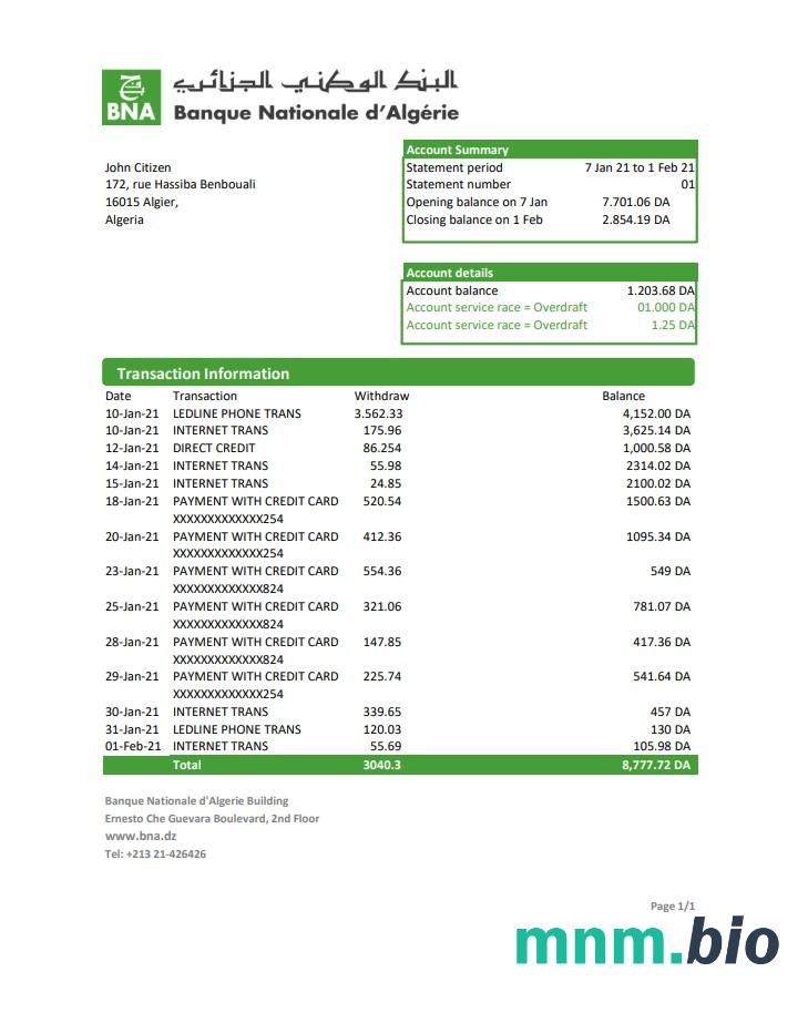 Algeria Banque nationale d' Algérie (BNA) szablon wyciągu bankowego w programie Word i PDF